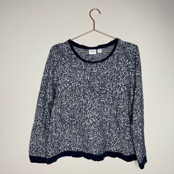 Chico's Weekends Womens Large Top Blue Floral Long Sleeve Coastal Modest Casual - Picture 1 of 4